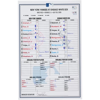  New York Yankees Fanatics Authentic Game-Used Lineup Card vs. Chicago White Sox on July 30, 2026