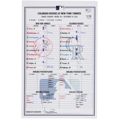  New York Yankees Fanatics Authentic Game-Used Lineup Card vs. Colorado Rockies on September 10, 2026 