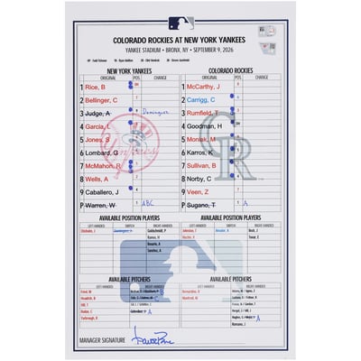  New York Yankees Fanatics Authentic Game-Used Lineup Card vs. Colorado Rockies on September 9, 2026 