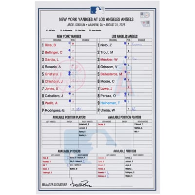  New York Yankees Fanatics Authentic Game-Used Lineup Card vs. Los Angeles Angels on August 31, 2026 