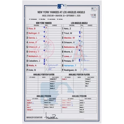  New York Yankees Fanatics Authentic Game-Used Lineup Card vs. Los Angeles Angels on September 1, 2026 
