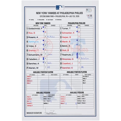  New York Yankees Fanatics Authentic Game-Used Lineup Card vs. Philadelphia Phillies on July 26, 2026