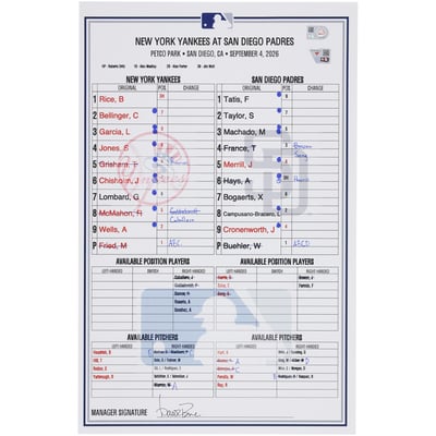  New York Yankees Fanatics Authentic Game-Used Lineup Card vs. San Diego Padres on September 4, 2026 