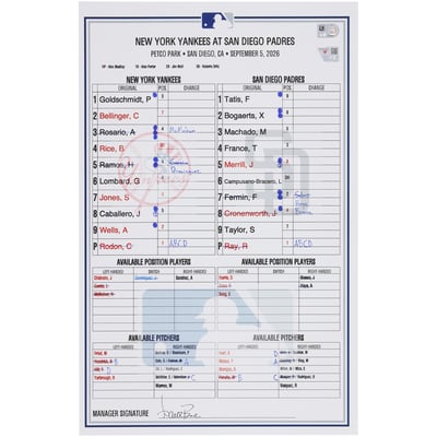  New York Yankees Fanatics Authentic Game-Used Lineup Card vs. San Diego Padres on September 5, 2026 