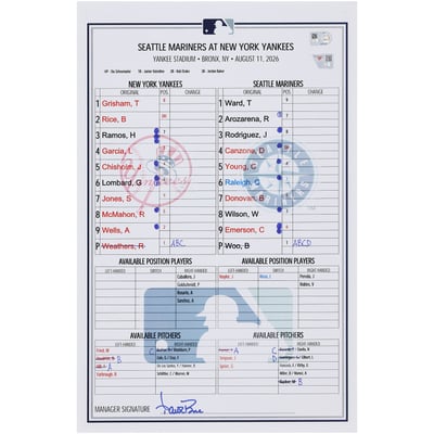  New York Yankees Fanatics Authentic Game-Used Lineup Card vs. Seattle Mariners on August 11, 2026