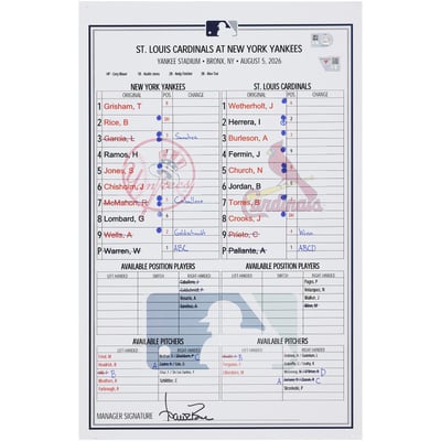  New York Yankees Fanatics Authentic Game-Used Lineup Card vs. St. Louis Cardinals on August 5, 2026