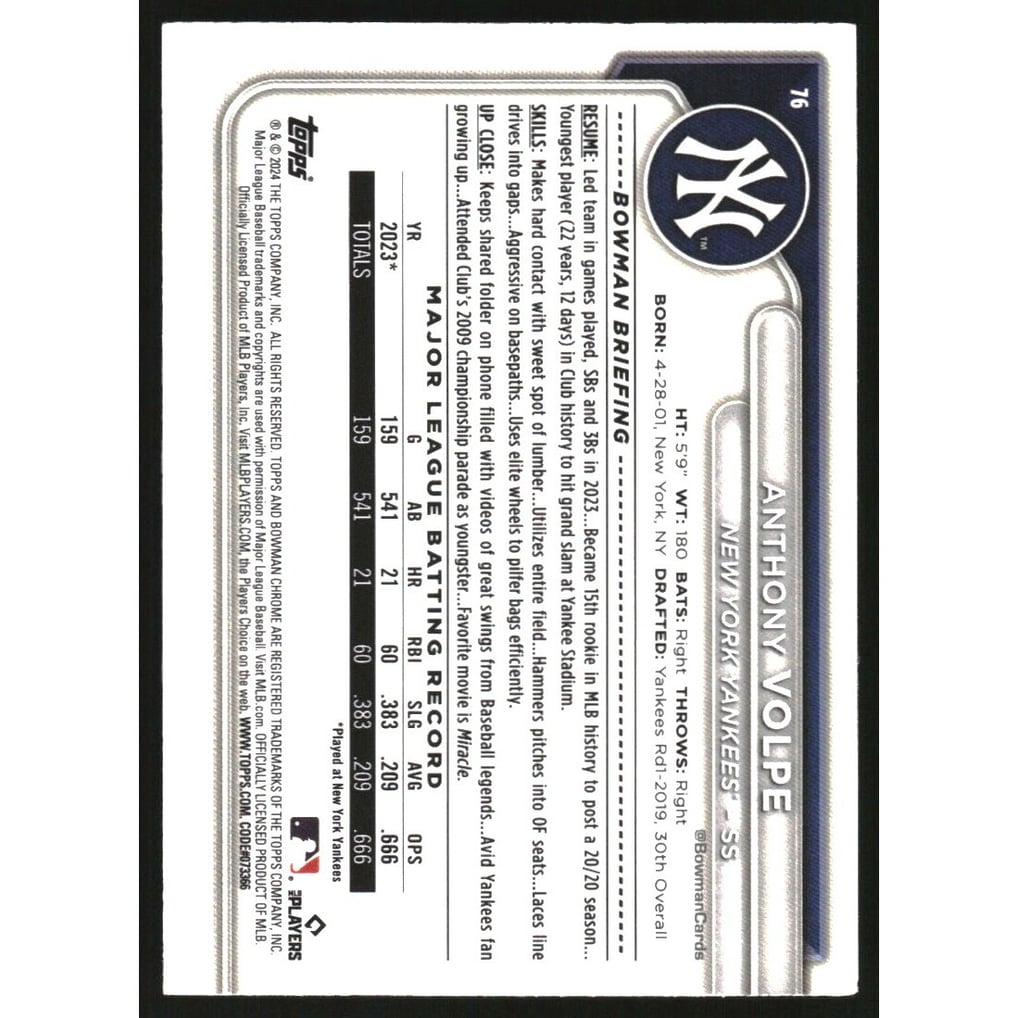 2024 Bowman Chrome Bowman Mega Box Navy Refractors #76 Anthony Volpe