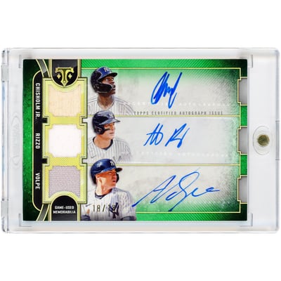 Jazz Chisholm Jr., Anthony Rizzo & Anthony Volpe New York Yankees Autographed 2024 Topps Triple Threads Triple Combo Game Used Bat/Dual-Color Jersey Relics #ARC-CRV #18/18 Card