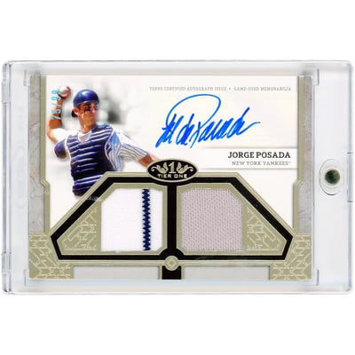 Jorge Posada New York Yankees Autographed 2024 Topps Tier One Dual Game Used Tri-Color Jersey Relics #T1AR-JP #75/99 Card