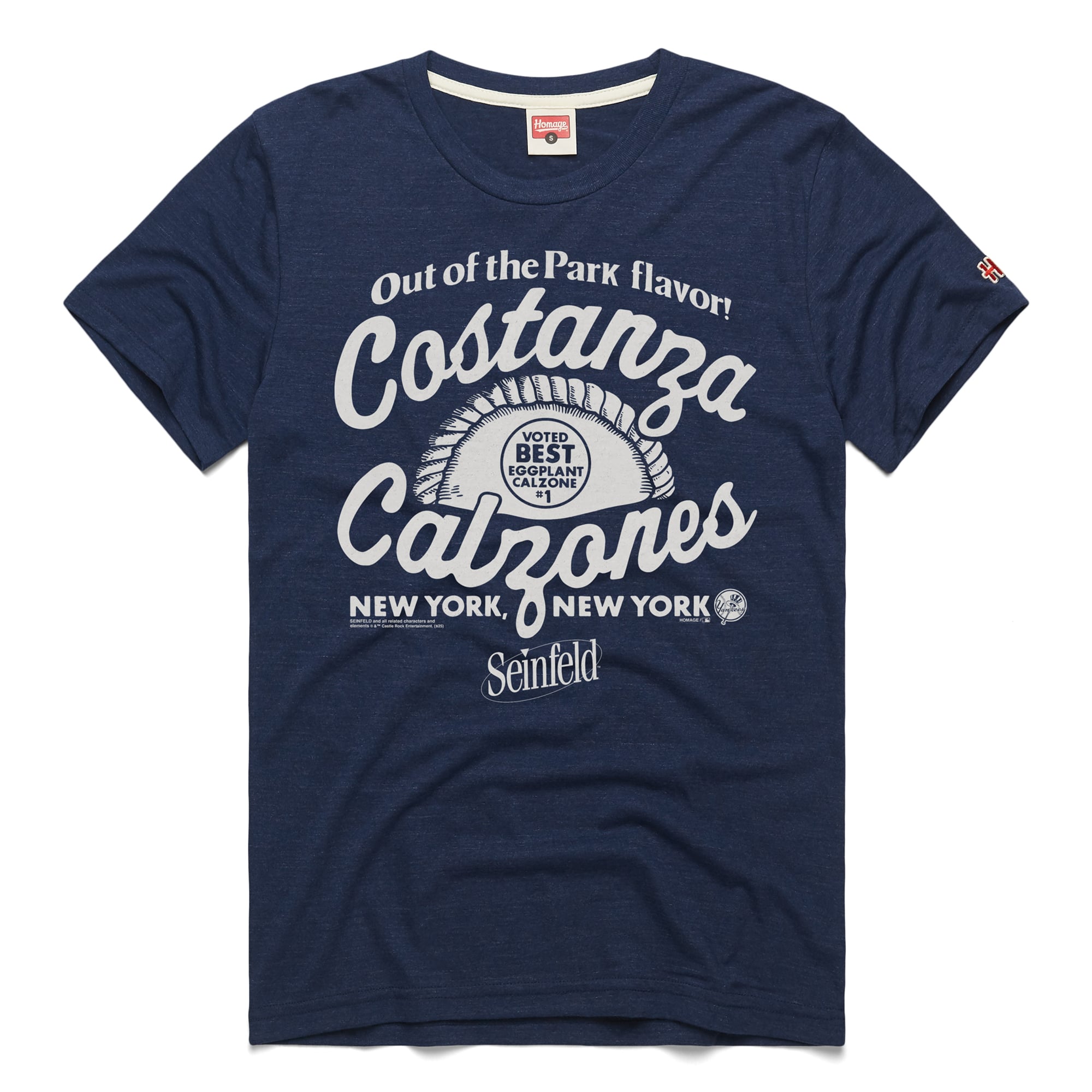 Men's New York Yankees x Seinfeld Homage Navy Costanza's Calzones T-Shirt