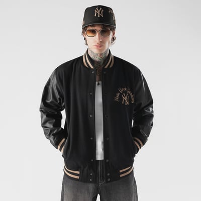  New York Yankees New Era Heritage Gothic Lettering Full-Snap Varsity Jacket - Black