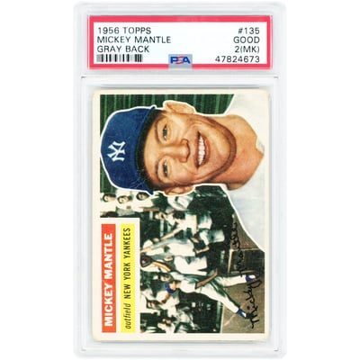Mickey Mantle New York Yankees 1956 Topps Gray Back #135 PSA Authenticated 2 Card 