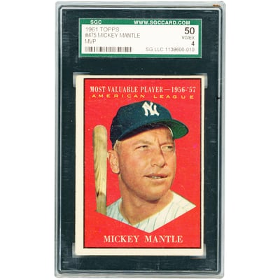 Mickey Mantle New York Yankees 1961 Topps MVP #475 SGC Authenticated 4 Card