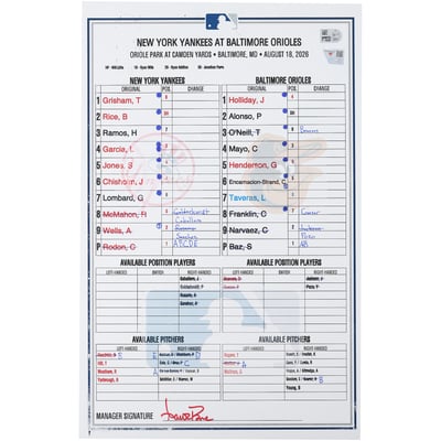 New York Yankees Fanatics Authentic Game-Used Lineup Card vs. Baltimore Orioles on August 18, 2026