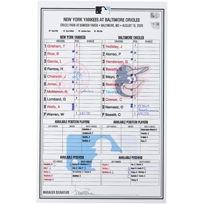 New York Yankees Fanatics Authentic Game-Used Lineup Card vs. Baltimore Orioles on August 19, 2026