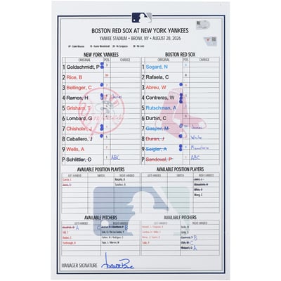 New York Yankees Fanatics Authentic Game-Used Lineup Card vs. Boston Red Sox on August 28, 2026