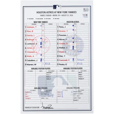 New York Yankees Fanatics Authentic Game-Used Lineup Card vs. Houston Astros on August 25, 2026