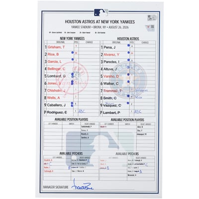 New York Yankees Fanatics Authentic Game-Used Lineup Card vs. Houston Astros on August 26, 2026