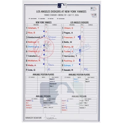 New York Yankees Fanatics Authentic Game-Used Lineup Card vs. Los Angeles Dodgers on July 17, 2026