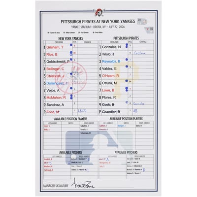 New York Yankees Fanatics Authentic Game-Used Lineup Card vs. Pittsburgh Pirates on July 22, 2026 - Game One of Doubleheader