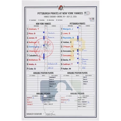 New York Yankees Fanatics Authentic Game-Used Lineup Card vs. Pittsburgh Pirates on July 22, 2026 - Game Two of Doubleheader