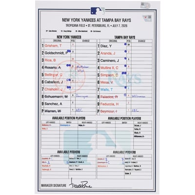 New York Yankees Fanatics Authentic Game-Used Lineup Card vs. Tampa Bay Rays on July 7, 2026