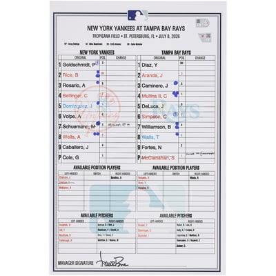 New York Yankees Fanatics Authentic Game-Used Lineup Card vs. Tampa Bay Rays on July 8, 2026