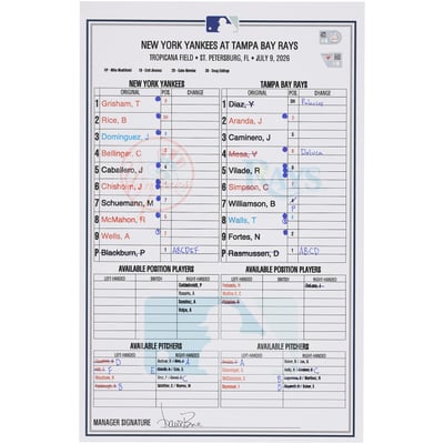 New York Yankees Fanatics Authentic Game-Used Lineup Card vs. Tampa Bay Rays on July 9, 2026