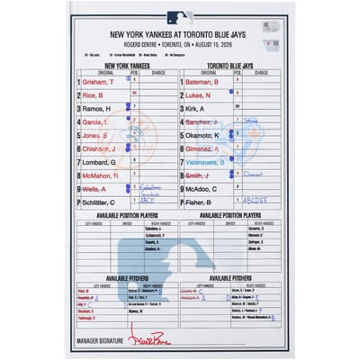 New York Yankees Fanatics Authentic Game-Used Lineup Card vs. Toronto Blue Jays on August 15, 2026