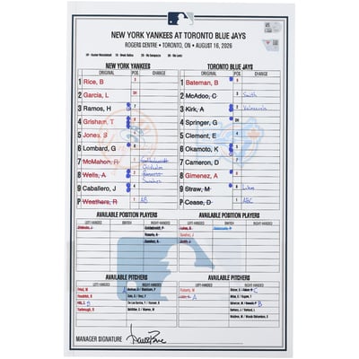 New York Yankees Fanatics Authentic Game-Used Lineup Card vs. Toronto Blue Jays on August 16, 2026