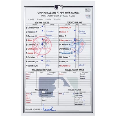 New York Yankees Fanatics Authentic Game-Used Lineup Card vs. Toronto Blue Jays on August 21, 2026