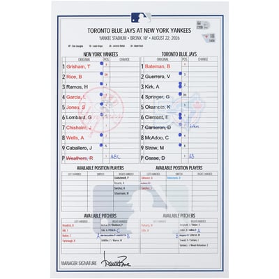 New York Yankees Fanatics Authentic Game-Used Lineup Card vs. Toronto Blue Jays on August 22, 2026