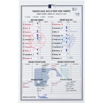 New York Yankees Fanatics Authentic Game-Used Lineup Card vs. Toronto Blue Jays on August 23, 2026