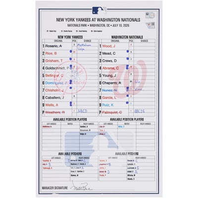 New York Yankees Fanatics Authentic Game-Used Lineup Card vs. Washington Nationals on July 10, 2026