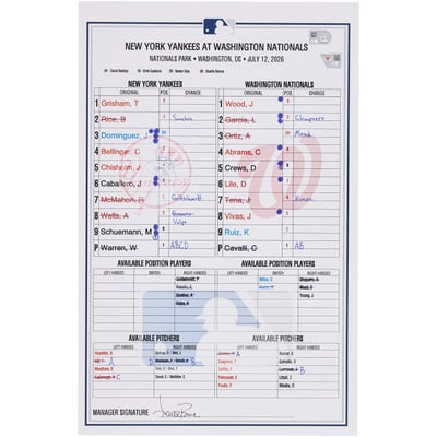 New York Yankees Fanatics Authentic Game-Used Lineup Card vs. Washington Nationals on July 12, 2026
