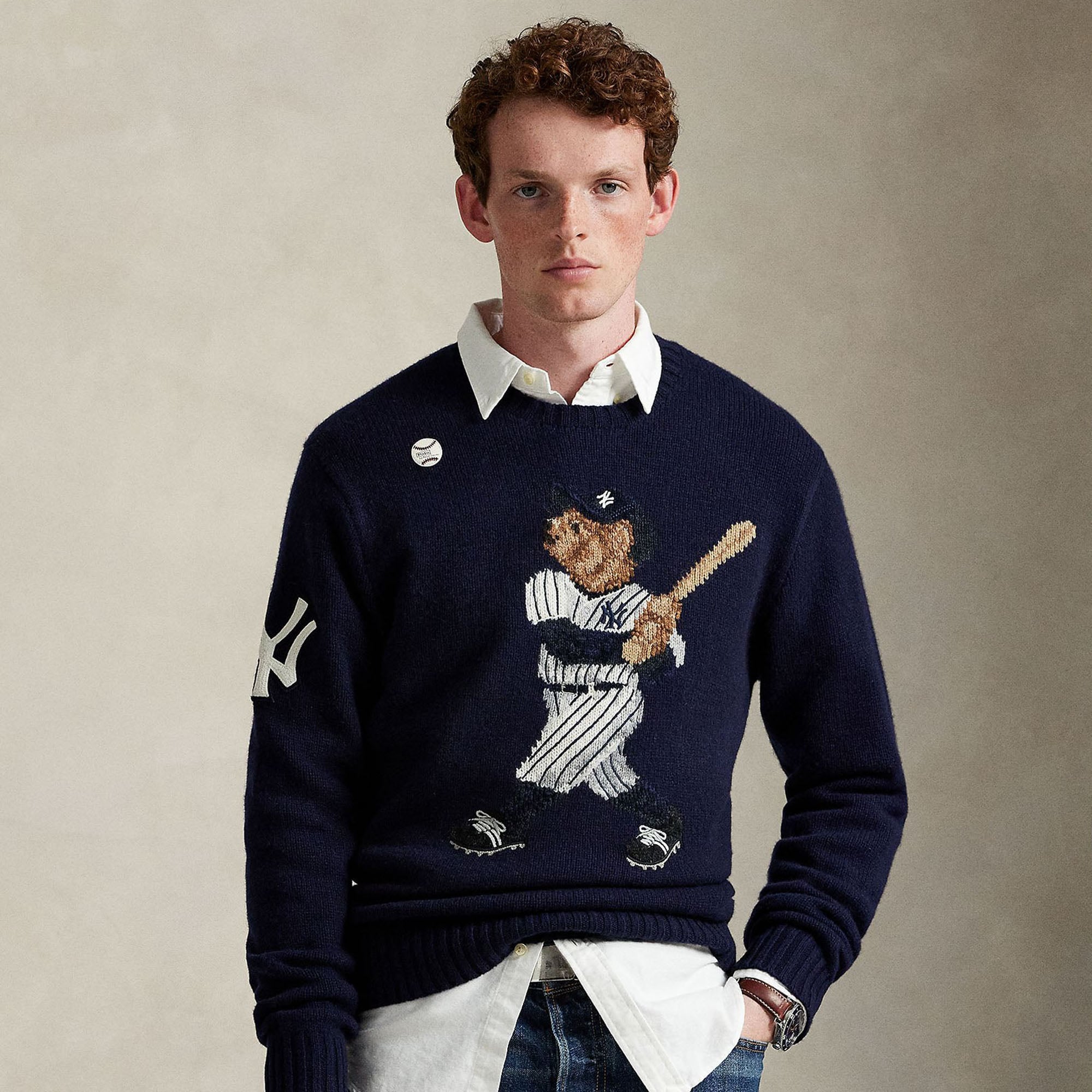 Yankees Polo Ralph Lauren Wool Bear Sweater - Navy