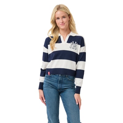 New York Yankees Lusso Women's Silvia Boxy Rugby V-Neck Sweater - Navy/Cream