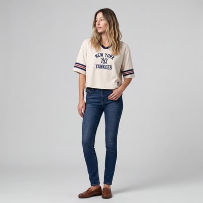  New York Yankees Mitchell & Ness Women's Cooperstown Collection Retro Roots Crop Boxy Yoke T-Shirt - Cream