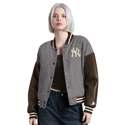  New York Yankees Starter Women's Zone Blitz Cropped Full-Snap Varsity Jacket - Charcoal