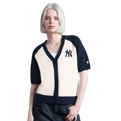 New York Yankees Starter Women's Cooperstown Collection Key Player Tri-Blend Cropped Button-Up Raglan Short Sleeve Sweater - Cream