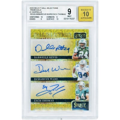 Darrelle Revis, DeMarcus Ware & Zach Thomas Autographed 2023 Panini Select Hall Selections Gold Prizm #HS-2023 #4/10 BGS Authenticated 9/10 Card