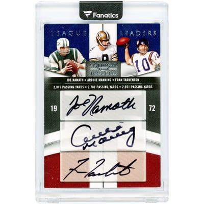 Joe Namath, Archie Manning & Fran Tarkenton Autographed 2009 Donruss Playoff National Treasures 1972 League Leaders #5 #4/10 Card
