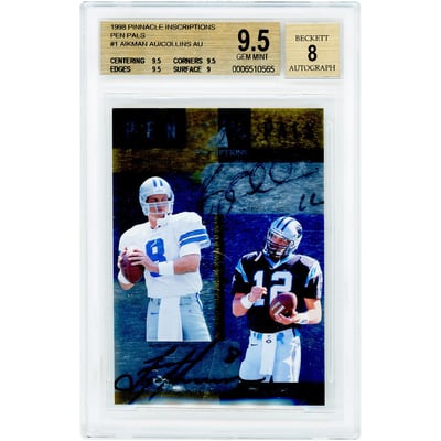Kerry Collins & Troy Aikman Autographed 1998 Pinnacle Inscriptions Pen Pals #1 #20/50 BGS Authenticated 9.5/8 Card