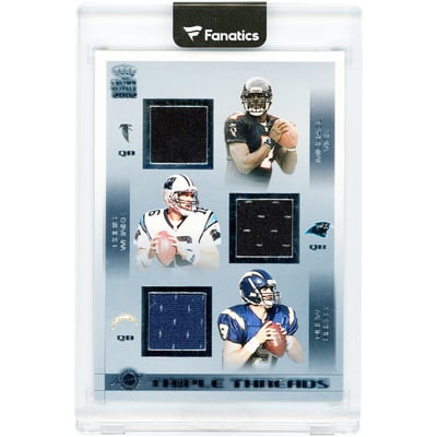 Michael Vick, Chris Weinke & Drew Brees 2002 Pacific Crown Royale Triple Threads Game Used Triple Dual-Color Jersey Relics #24 Card