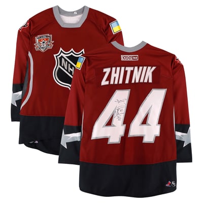 Alexei Zhitnik Team World Autographed Fanatics Authentic Game-Used #44 Red Jersey from the 2002 NHL All-Star Game 