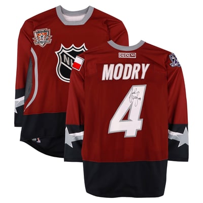 Jaroslav Modrý Team World Autographed Fanatics Authentic Game-Used #4 Red Jersey from the 2002 NHL All-Star Game 