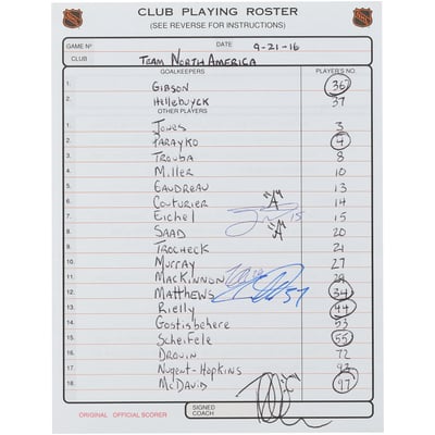 Auston Matthews, Nathan MacKinnon & Jack Eichel North America Hockey Autographed Fanatics Authentic Game-Used Lineup Card vs. Team Sweden on September 21, 2016 