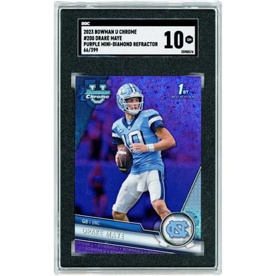 Drake Maye North Carolina Tar Heels 2023 Bowman U Chrome Purple Mini Diamond Refractor #200 #66/399 SGC Authenticated 10 Card
