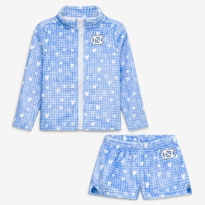 North Carolina Tar Heels ZooZatz Girls Toddler Heart Plaid Plush Full-Zip Jacket & Shorts Set - Carolina Blue