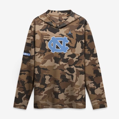 North Carolina Tar Heels Jordan Brand 2026 Military Appreciation Sideline Dri-FIT Hooded Long Sleeve T-Shirt - Camo